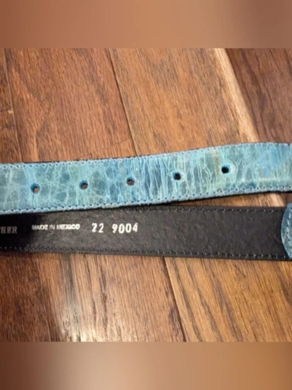 Western Belt Teal Leather, Silver Buckle White/Black Stitching & Gemstones Sz XS